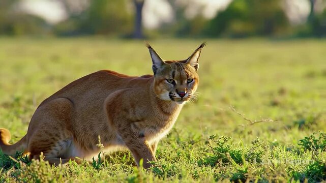 Caracal Crouching in Short Grass &ndash; Early Morning Savannah Wildlife Scene