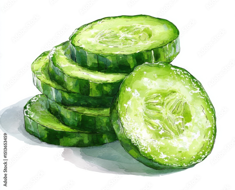 Poster watercolor style stack of cucumber slices on white background, representing freshness and healthy ea
