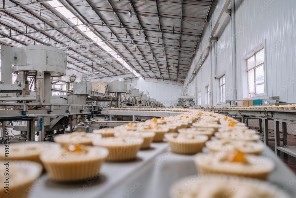 Poster food production line with tarts on conveyor belt in factory, illustrating automated manufacturing ef