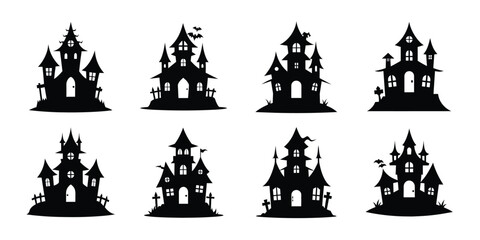 Bundle of vector halloween house silhouette on white background