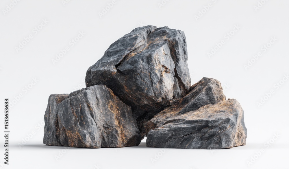 Poster pile of dark rocks on white surface, symbolizing strength and foundation for construction and buildi