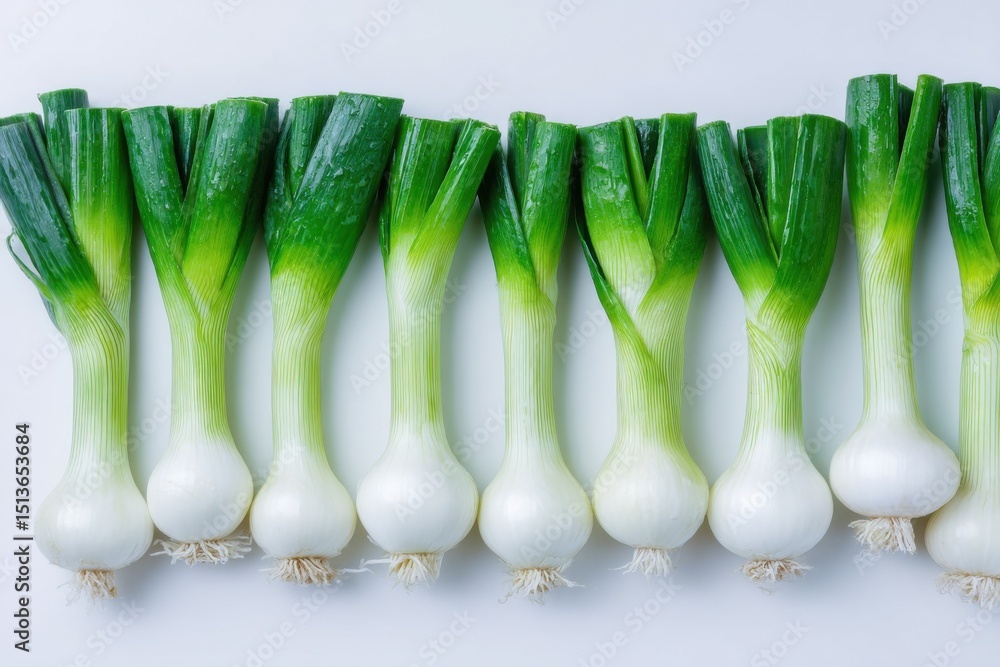Poster fresh spring onions in a row on white background, representing healthy eating and culinary ingredien