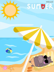 Hippo relaxing on a beach under an umbrella.