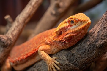 Obraz premium Bearded Dragon Resting on a Branch, Symbolizing Exotic Pets and Wildlife Conservation, Perfect for Educational Content and Reptile Enthusiasts : Generative AI