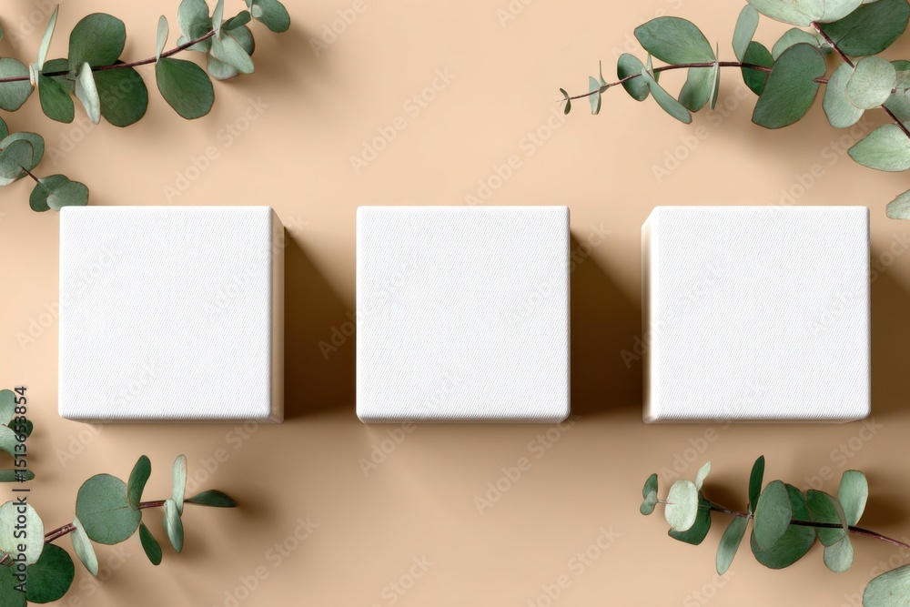 Poster Three White Product Display Blocks With Eucalyptus Branches, Ideal for Branding Mockups and Minimalist Marketing Campaigns : Generative AI