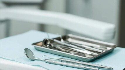 Close-up of dental tools and instruments on tray in office