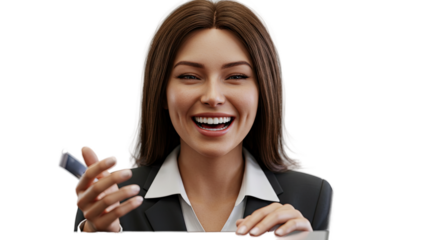 Attractive woman smiling broadly while holding a credit card, looking at the camera