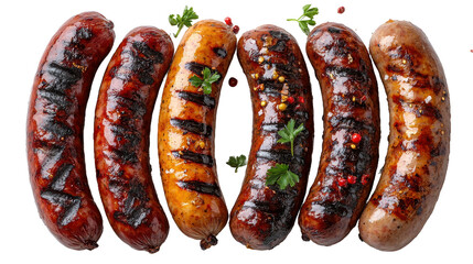 Arrangement of six grilled sausages with herbs and spice details on transparent background
