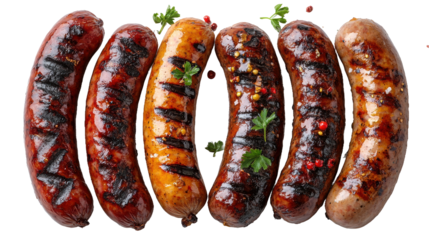 Arrangement of six grilled sausages with herbs and spice details on transparent background