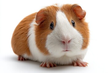 Adorable Guinea Pig With Brown and White Fur on White Background, Showcasing Pet Ownership and Animal Companionship : Generative AI