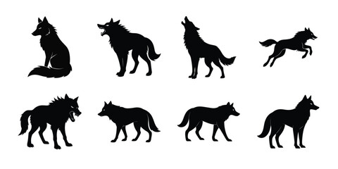 Set of vector wolf silhouette isolated on white background