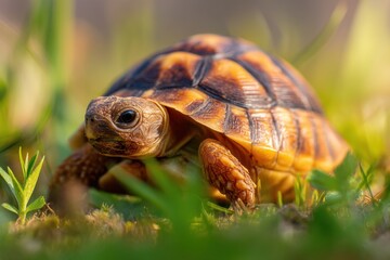 Obraz premium Close-Up of a Turtle in Grass, Symbolizing Longevity and Wildlife Conservation Efforts in Natural Habitats : Generative AI