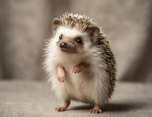Cute Hedgehog Standing Upright on Fabric, Representing Pet Adoption and Animal Welfare Awareness Campaigns : Generative AI