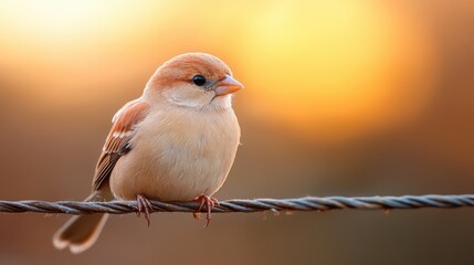A charming bird perched on a wire during sunset, capturing the beauty of nature and tranquility, ideal for wildlife photography and themes of freedom and peace.