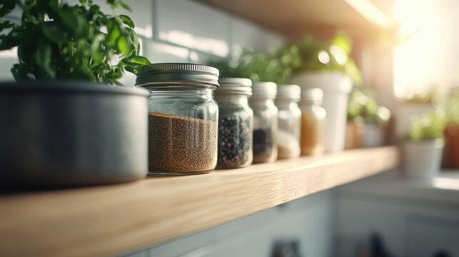A neatly arranged collection of spice jars on a rustic wooden shelf, highlighting the beauty of organization and the importance of culinary herbs in everyday cooking.