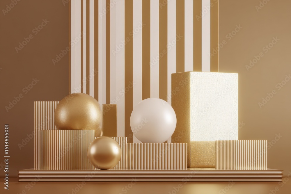 Poster golden sphere and cuboid arrangement on striped platform, ideal for product mockup and luxury brandi