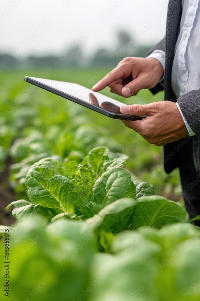 Poster farmer using tablet in field of green lettuce, showcasing agricultural technology and sustainable fa