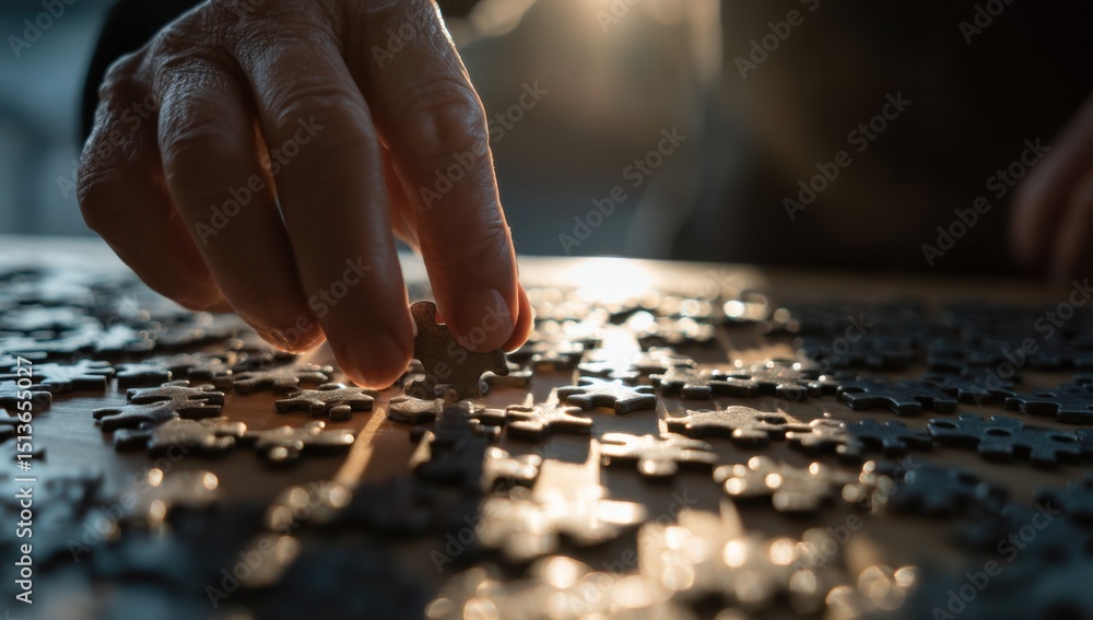 Poster senior hand placing puzzle piece, symbolizing problem solving and cognitive wellness for brain healt