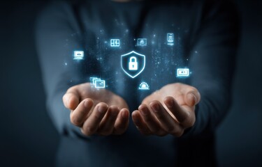 Hands Holding Digital Shield and Icons, Representing Cybersecurity and Data Protection for Business and Digital Transformation Initiatives : Generative AI