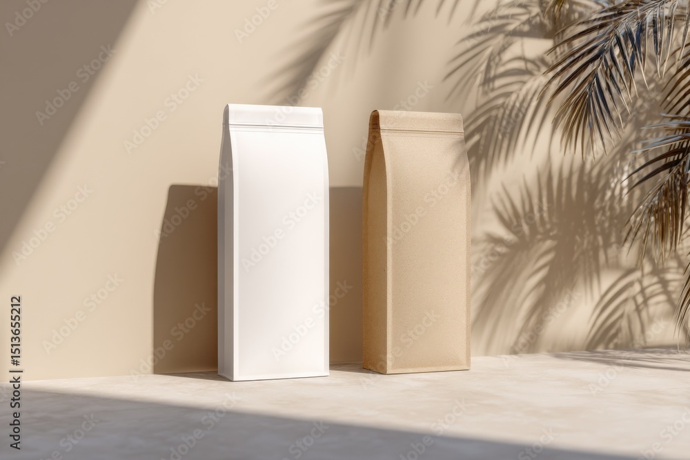 Poster two product packaging mockups in studio light with palm shadows, ideal for branding and sustainable 