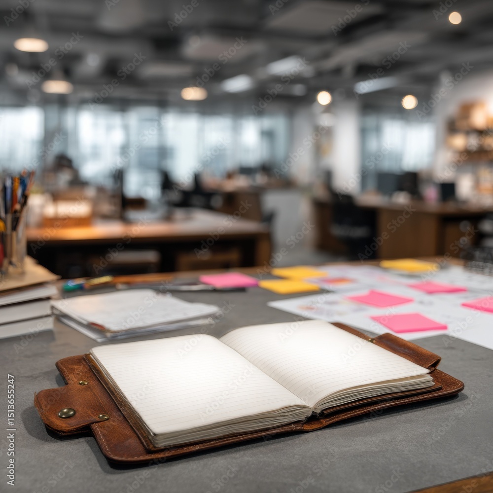 Poster open notebook on desk in modern office space, illustrating business planning and creative collaborat