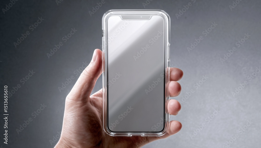 Poster hand holding smartphone with blank screen in clear case, demonstrating mobile technology and digital