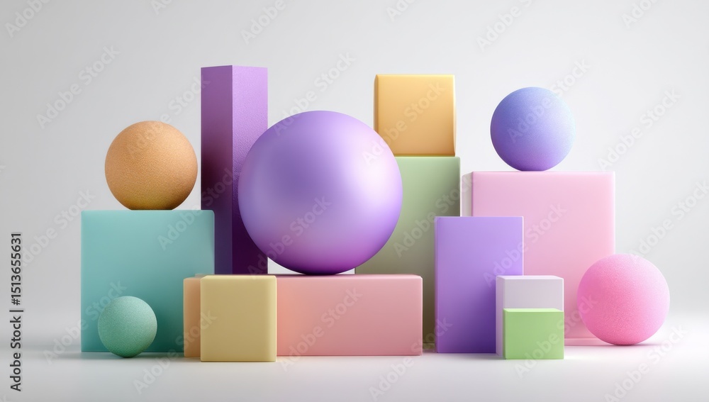 Poster Pastel Geometric Shapes Arrangement on White, Showcasing Creative Solutions and Modern Design Principles, Perfect for Visual Communication : Generative AI