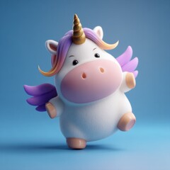 Obraz premium Fluffy Unicorn Character with Wings on Blue Background, Symbolizing Whimsy and Childlike Wonder for Children's Products and Creative Expression : Generative AI