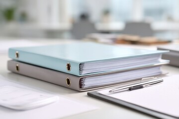 Stack of Ring Binders on Desk With Pen and Notepad, Symbolizing Organization and Efficient Workflow Management in Office Environment : Generative AI