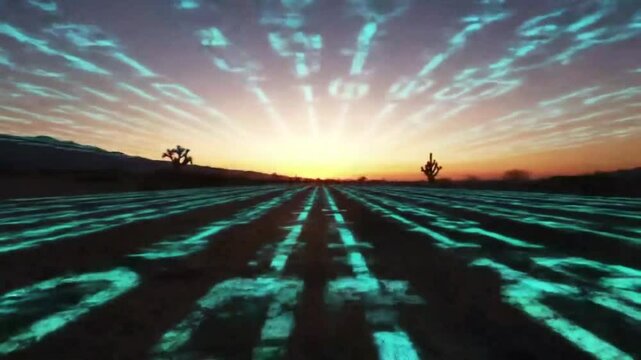 A desert road at sunset, glowing with turquoise binary code