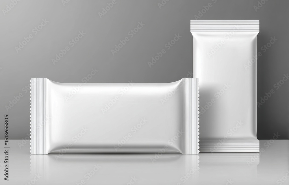 Poster two blank white snack bar wrappers on reflective surface, ideal for product mockups and package desi