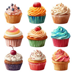 Delicious colorful cupcakes sweet treats collection assorted flavors icing decorations birthday party festive baking sweet dessert bakery confectionery whipped cream frosting on transparent background