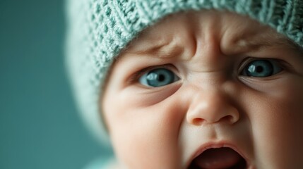 A close-up of a baby with a distressed expression, showcasing the raw emotions of childhood and the challenges of early development in a moving and relatable manner.
