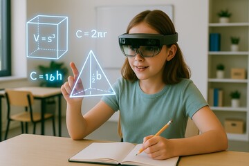 AR Math Learning in Classroom. Young girl using AR headset learning geometry with glowing virtual shapes and formulas in classroom.
