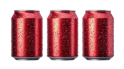 Three red soda cans with water droplets against a plain background on transparent background