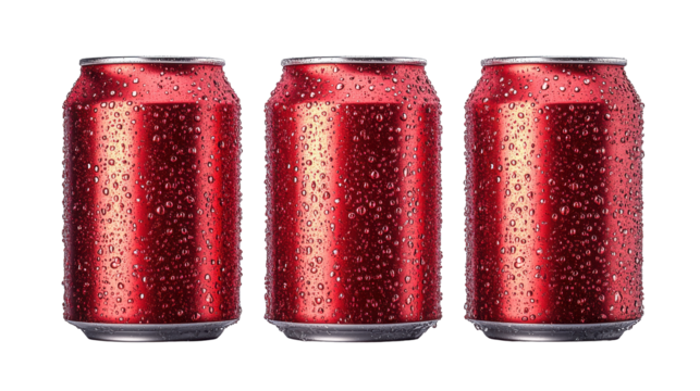 Three red soda cans with water droplets against a plain background on transparent background