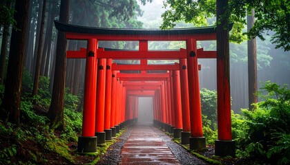 Red Torii Gates Create Tunnel Path Through a Misty Forest in Japan