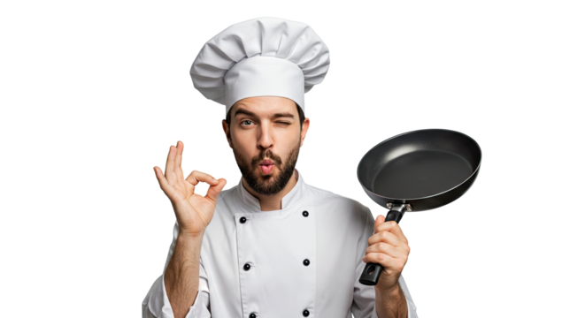 Cheerful chef winking and holding a frying pan gesturing the okay sign against black background