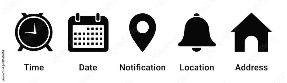 Poster time, date, and address icon set. event calendar reminder clock business schedule signs, location pi