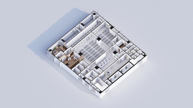 Interior design isometric plan of Commercial office space 3d rendering