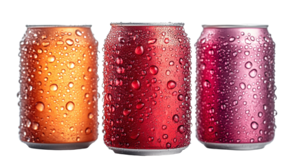 Three aluminum cans with water droplets in a row close up view on transparent background