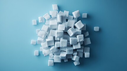 A visually striking pyramid of white sugar cubes is arranged on a smooth light blue background, creating a contrast that intertwines simplicity and sweetness in an artistic manner.