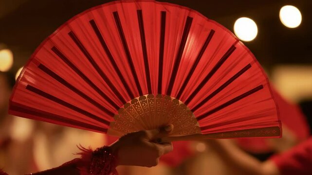 Woman holding red fan during traditional dance performance