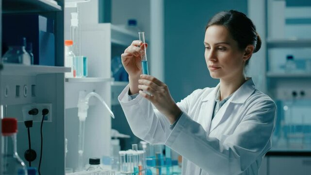 Female scientist in lab coat examining test tube