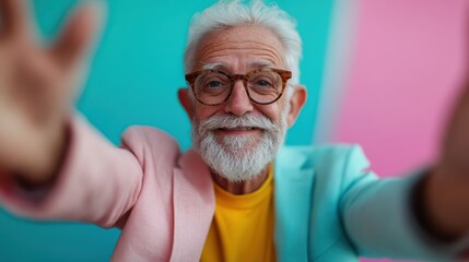 An elderly man with a gray beard and stylish glasses reaches out to the camera, wearing a light pink and blue blazer, exuding joy and warmth against a vibrant backdrop.