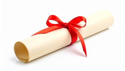 Gift certificate rolled certificate with a red ribbon isolated on white background