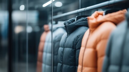 A collection of stylish puffer jackets in varied colors hangs in a modern store, showcasing contemporary fashion trends against a sleek and reflective backdrop.