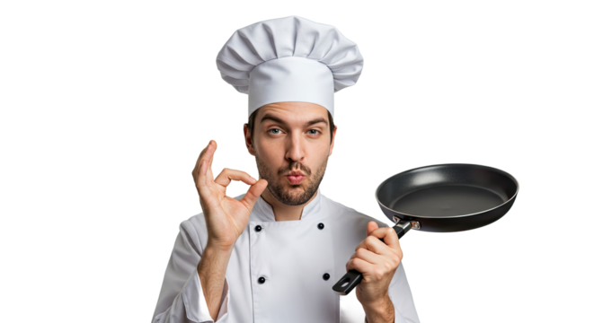Chef in uniform holding frying pan gesturing okay sign against black background