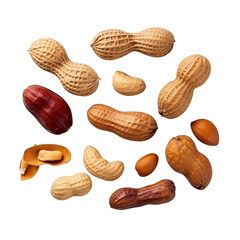 peanuts on white background Multiple roasted peanuts floating in the air, realistic texture and color, crunchy snack and healthy protein source isolated on transparent white background, clipping path.