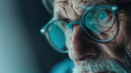 A close-up of an elderly man wearing glasses, showcasing deep wrinkles and thoughtful eyes, symbolizing wisdom and the richness of life experiences through age.